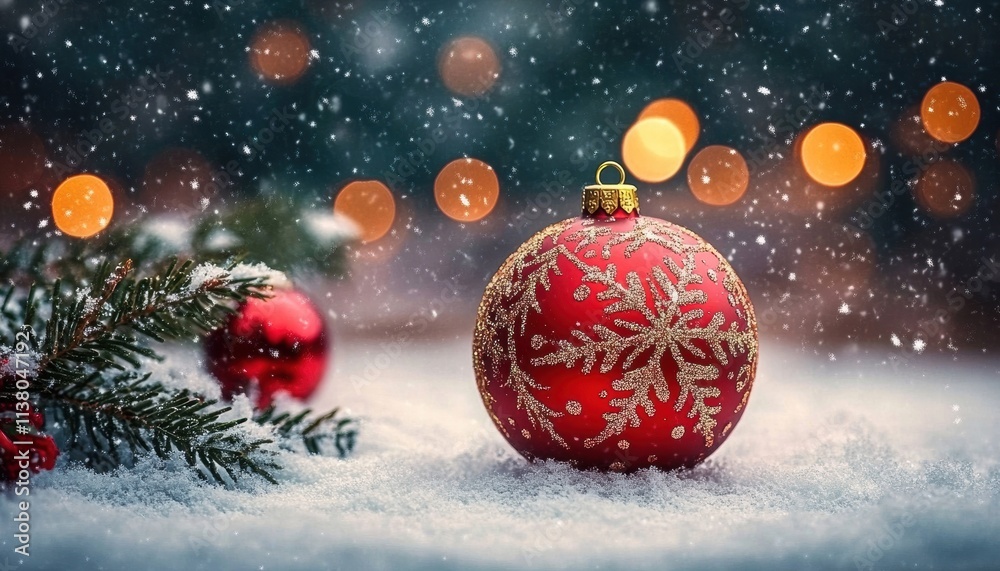 A festive red Christmas ornament resting on snow with sparkling bokeh lights in the background, creating a holiday atmosphere. A festive red Christmas ornament resting on snow with sparkling bokeh lights in the background, creating a holiday atmosphere.