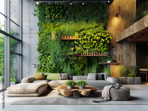 A modern open office space with greenery atmospher and ecofriendly design, showcasing an organic modern style. photo