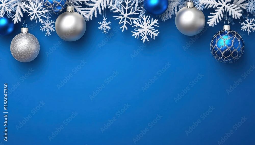 Festive blue background with silver and blue ornaments, complemented by white snowflakes, perfect for holiday themes. Festive blue background with silver and blue ornaments, complemented by white snowflakes, perfect for holiday themes.