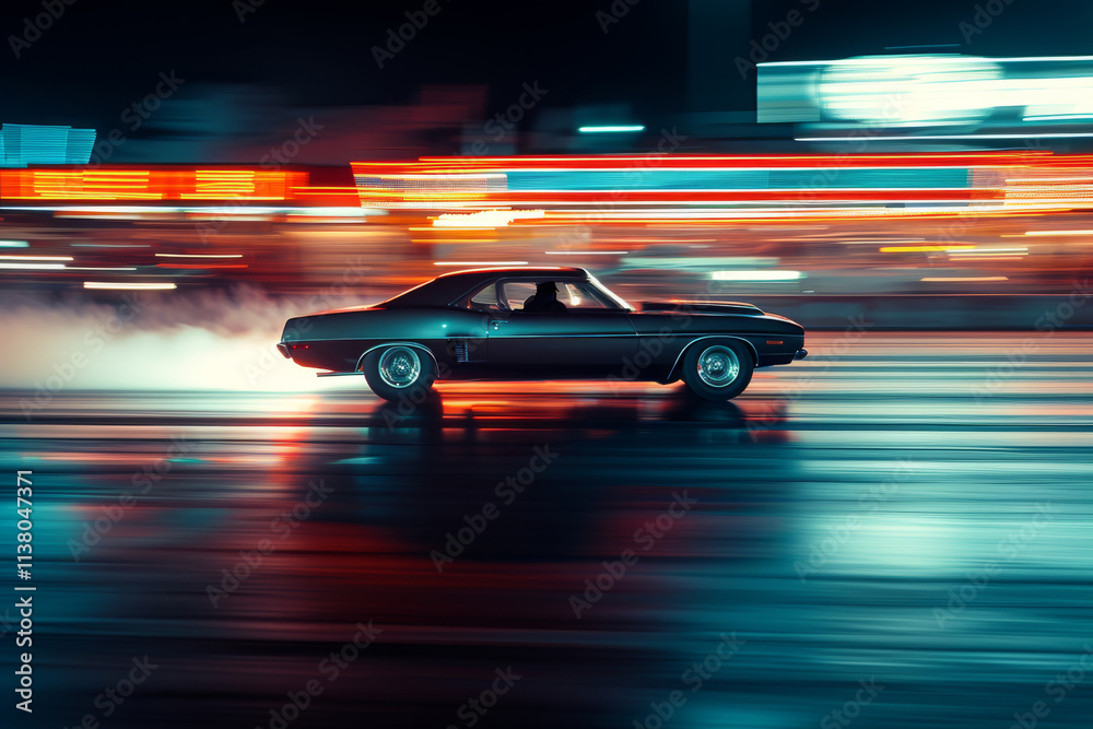Fototapeta premium Muscle car engage in thrilling drag race at night with intense motion blur and vibrant lights enhancing excitement capturing essence of high octane racing under night sky