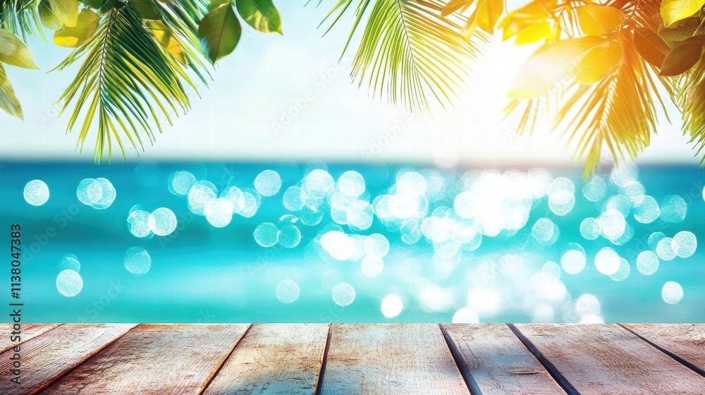 Serene beach view with sunlight, vibrant water, and green palm leaves creating a tropical paradise ambiance. Serene beach view with sunlight, vibrant water, and green palm leaves creating a tropical paradise ambiance.