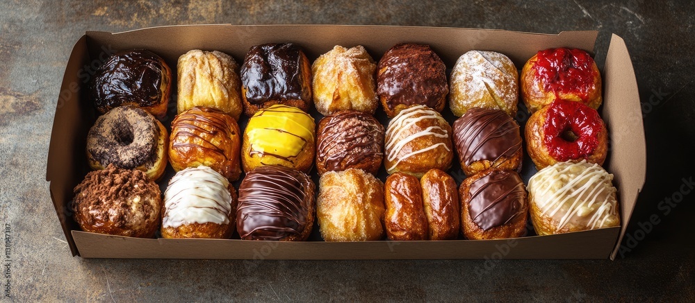 Assorted gourmet donuts in a box showcasing a variety of delicious flavors for enticing dessert options Assorted gourmet donuts in a box showcasing a variety of delicious flavors for enticing dessert options