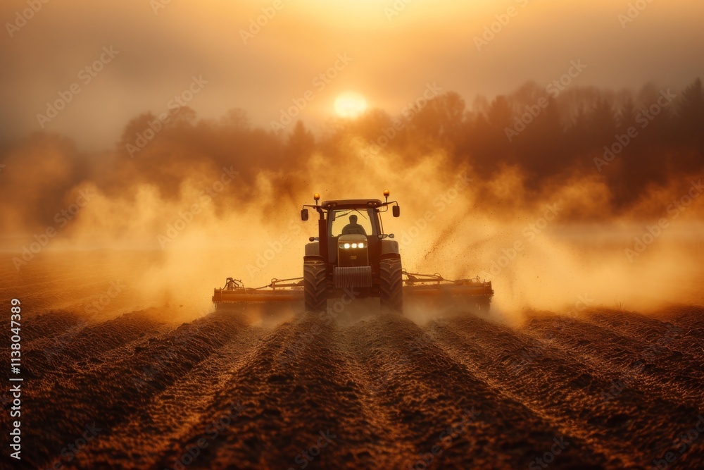 Combine harvester plowing field at sunrise, with golden light illuminating rising from the soil Combine harvester plowing field at sunrise, with golden light illuminating rising from the soil
