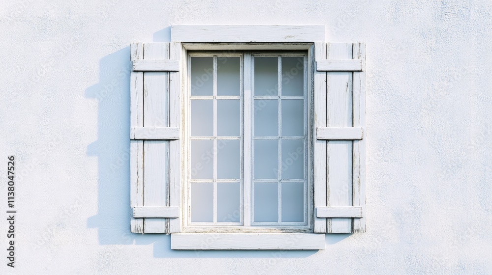 Fototapeta premium Vintage white wooden shutter window offering charming architectural and decorative appeal for design visuals and inspiration.
