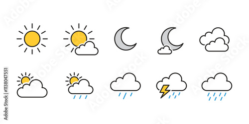 Forecast Sun, Rain, Cloudy and Moon weather icon vector set