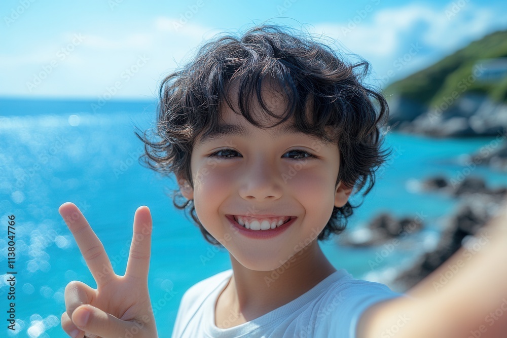 Smiling child poses for a cheerful selfie by the ocean on a sunny day while enjoying a coastal vacation Smiling child poses for a cheerful selfie by the ocean on a sunny day while enjoying a coastal vacation
