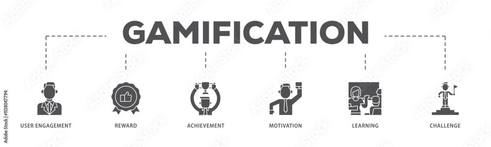 Gamification infographic icon flow process which consists of user engagement, reward, achievement, motivation, learning, and challenge icon live stroke and easy to edit . Gamification infographic icon flow process which consists of user engagement, reward, achievement, motivation, learning, and challenge icon live stroke and easy to edit .