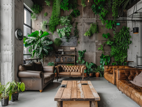 A modern open office space with greenery atmospher and ecofriendly design, showcasing an organic modern style. photo