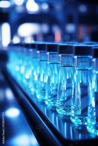 Glass vials filled with clear liquid illuminated by blue lighting in a modern laboratory setting during evening hours