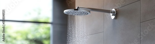 Modern shower head with flowing water droplets. photo