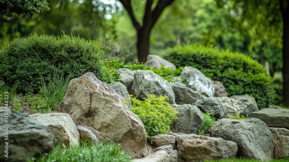 Natural rock formations surrounded by lush greenery in a serene park landscape ideal for outdoor and nature-themed designs. Natural rock formations surrounded by lush greenery in a serene park landscape ideal for outdoor and nature-themed designs.