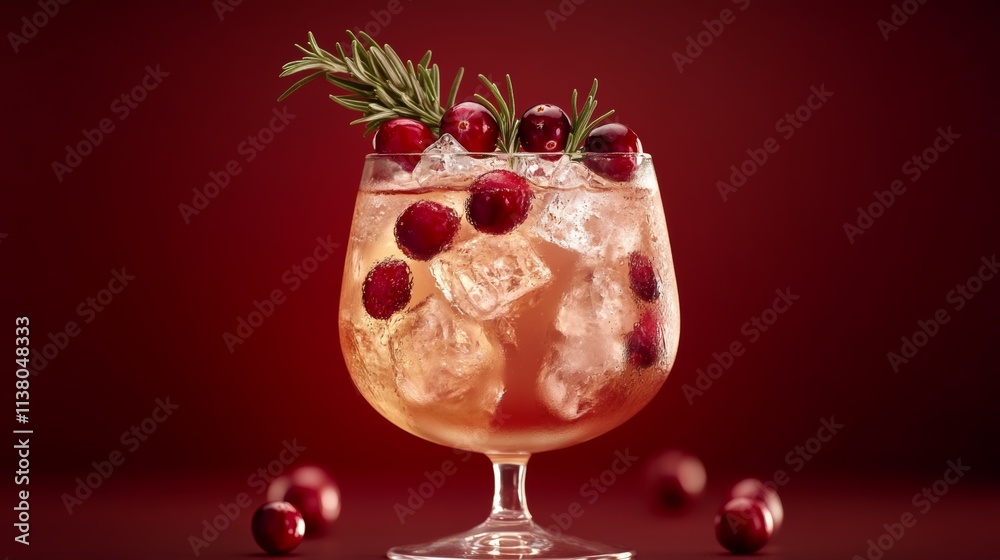 A photo of a Moscato spritz cocktail with ice, cranberry, and rosemary garnish in a glass on a dark red background. A photo of a Moscato spritz cocktail with ice, cranberry, and rosemary garnish in a glass on a dark red background.