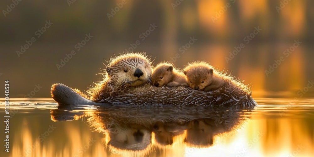 Obraz premium Adorable Sea Otter Family Mother Pups on Water at Golden Hour