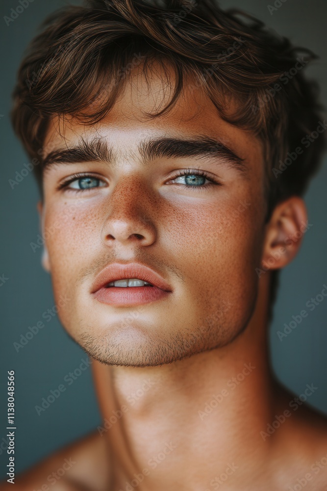 Young man with striking blue eyes and tousled hair poses against a neutral background capturing natural beauty and charm in vibrant lighting Young man with striking blue eyes and tousled hair poses against a neutral background capturing natural beauty and charm in vibrant lighting