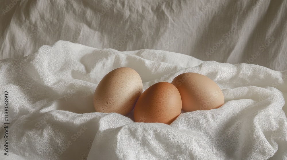 Fresh organic chicken eggs displayed on a white cloth background highlighting natural farm produce and simplicity in food photography. Fresh organic chicken eggs displayed on a white cloth background highlighting natural farm produce and simplicity in food photography.