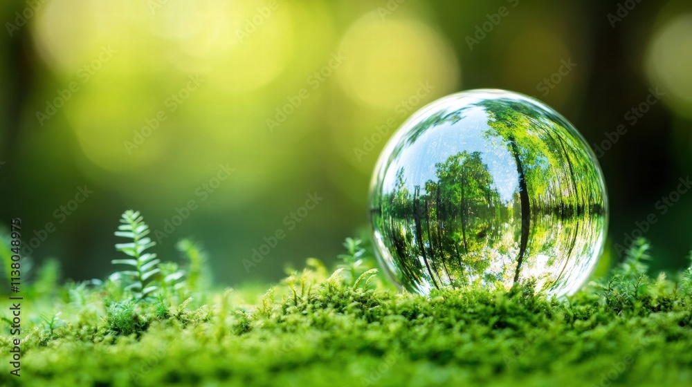 A crystal clear glass orb reflects a vibrant forest scene, surrounded by lush moss, capturing nature A crystal clear glass orb reflects a vibrant forest scene, surrounded by lush moss, capturing nature