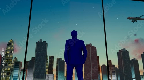 Back view of businessman looking into the distance in office building