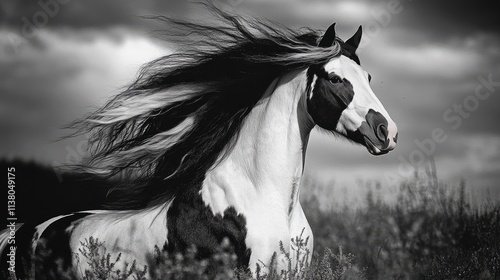 Majestic skewbald gypsy cob with flowing mane in an open paddock under dramatic cloudy sky capturing natural beauty and strength