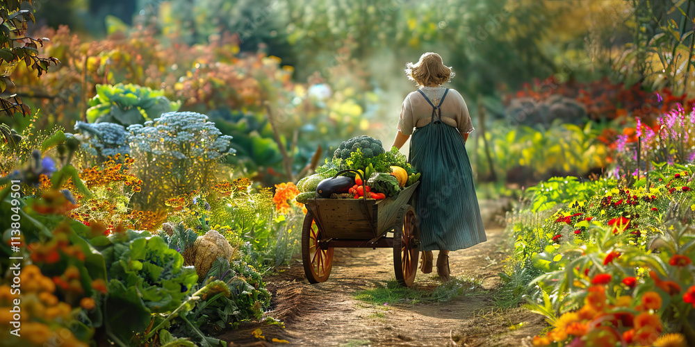 Woman Harvesting Vegetables in a Garden Woman Harvesting Vegetables in a Garden