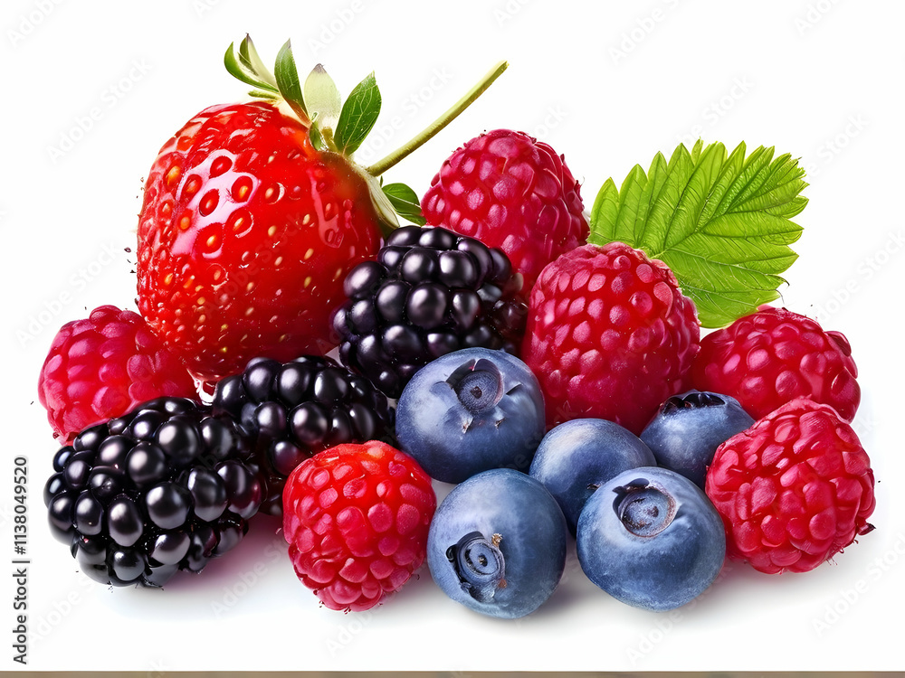 Ripe, red strawberries, blueberries, and blackberries isolated on a white background Ripe, red strawberries, blueberries, and blackberries isolated on a white background