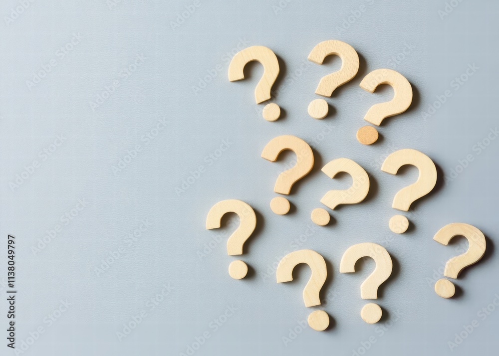 Wooden question marks scattered on a gray background, symbolizing curiosity and inquiry in a minimalist style. Wooden question marks scattered on a gray background, symbolizing curiosity and inquiry in a minimalist style.