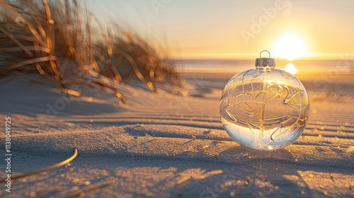A clear glass Christmas ornament on the beach at sunset