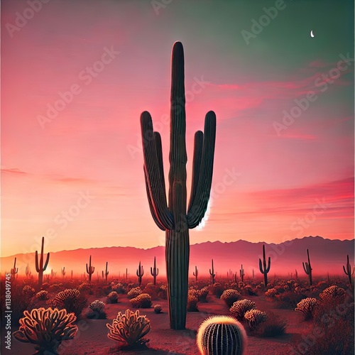 Sunset over a cactus-filled desert landscape with saguaro cacti and mountains in the Southwest photo