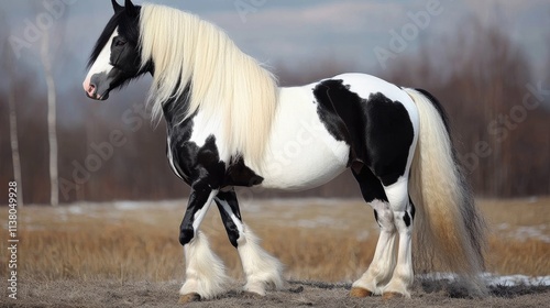 Majestic skewbald gypsy cob showcasing flowing mane in a serene paddock environment under soft natural light