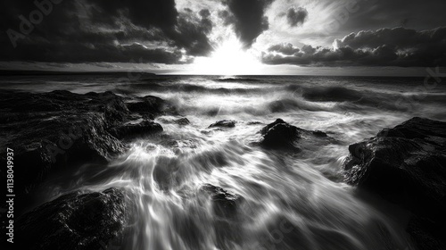 Black and white seascape captured with pinhole camera showcasing dynamic waves and dramatic clouds at sunset over rocky shoreline