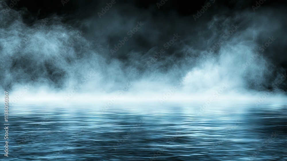 A deserted street scene illuminated by abstract spotlights. The night view captures street lights reflecting on water, with rays piercing through the fog. The scene includes smoke and fog, with wet A deserted street scene illuminated by abstract spotlights. The night view captures street lights reflecting on water, with rays piercing through the fog. The scene includes smoke and fog, with wet