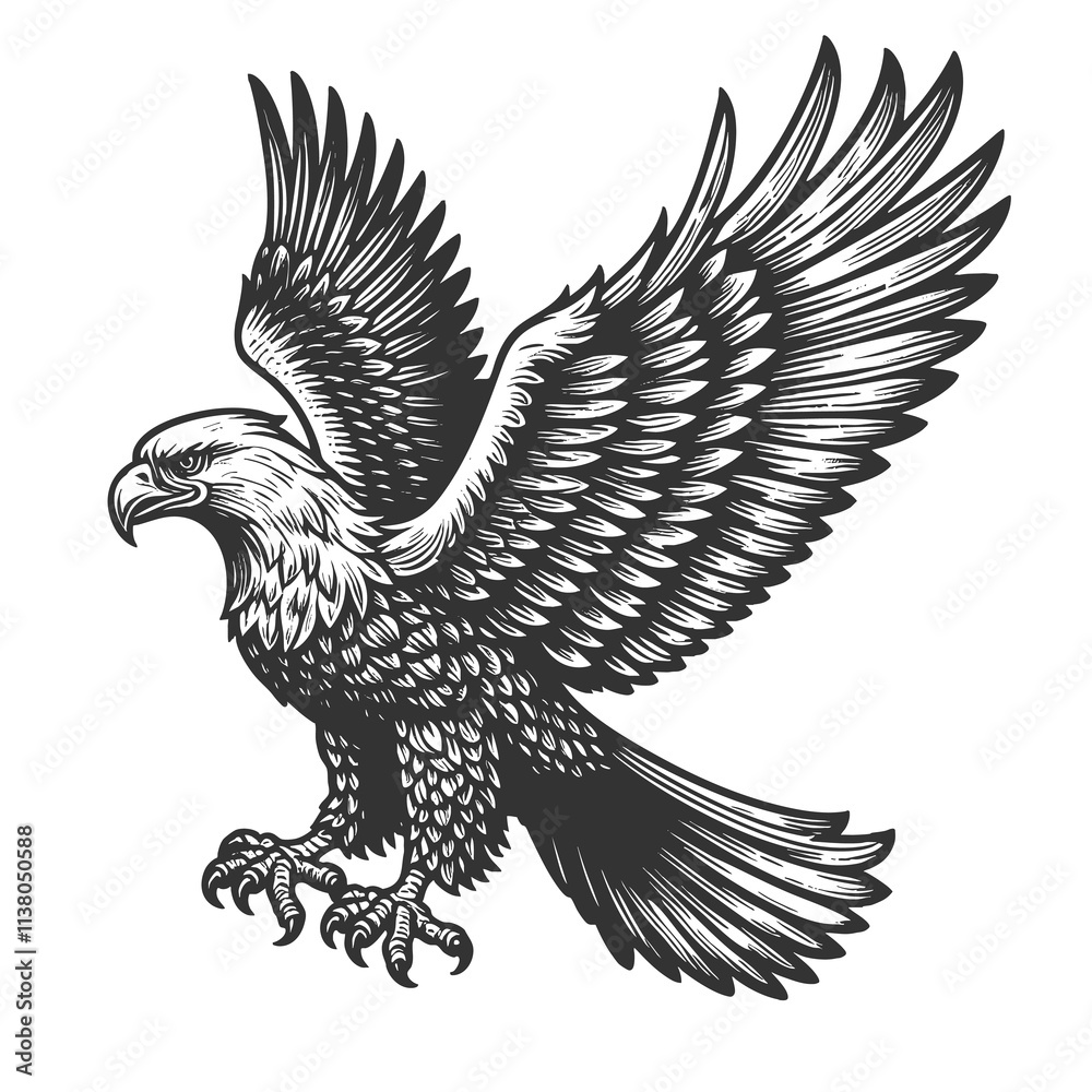 Obraz premium eagle with its wings fully spread, showcasing sharp talons and bold feathers sketch engraving generative ai raster illustration. Scratch board imitation. Black and white image.