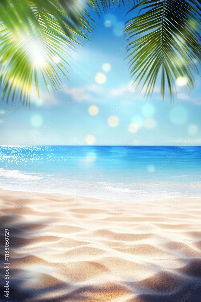 Obraz premium A serene beach scene with gentle waves, soft sand, and lush palm leaves under a bright blue sky.