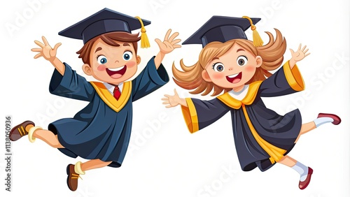 Smiling graduates leap joyfully, celebrating academic achievement.