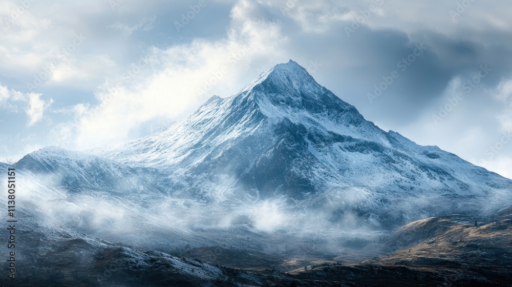 A foreboding mountain peak looming in the distance, hinting at a challenging climb ahead A foreboding mountain peak looming in the distance, hinting at a challenging climb ahead