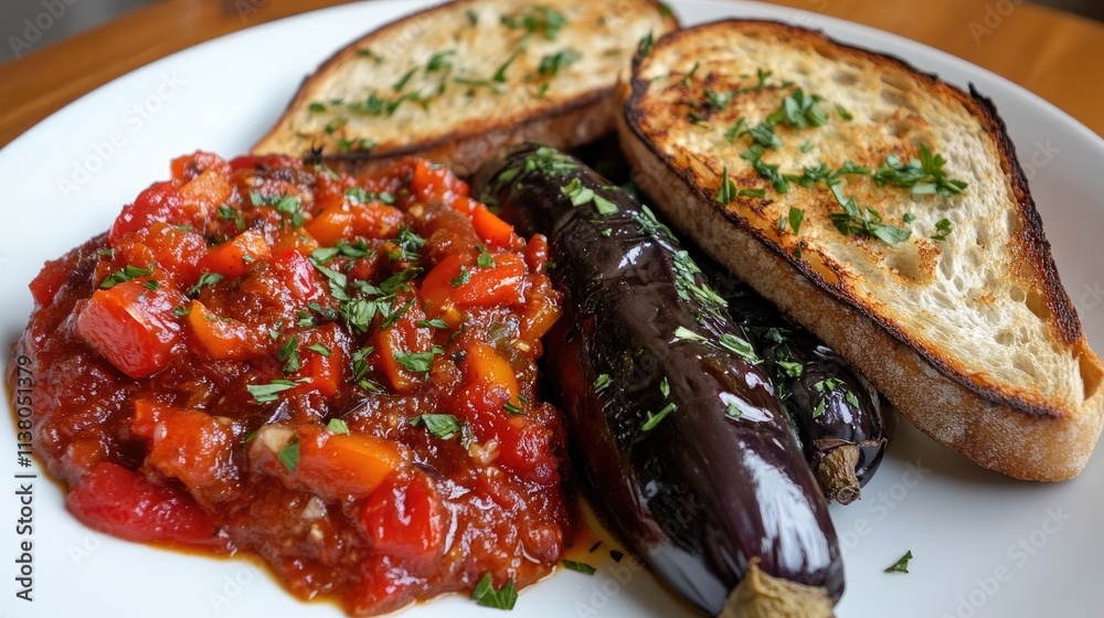 Ajvar roasted sweet pepper and eggplant served with crispy toast on a white plate garnished with fresh herbs vertical composition Ajvar roasted sweet pepper and eggplant served with crispy toast on a white plate garnished with fresh herbs vertical composition