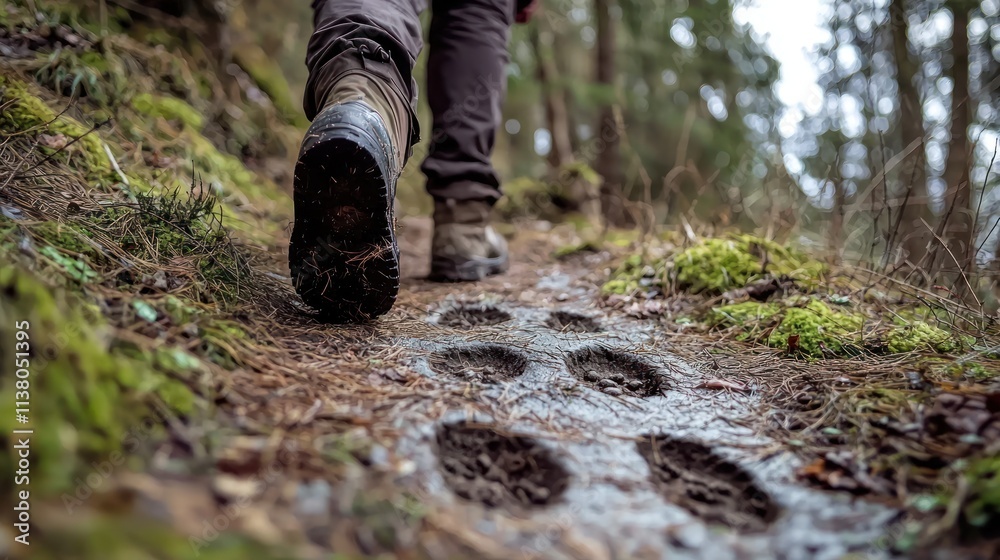 A hiker noticing a set of animal footprints along the trail in a forest A hiker noticing a set of animal footprints along the trail in a forest