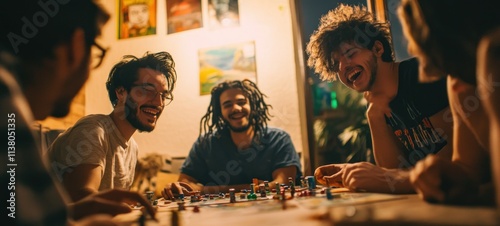 Joyful Friends Playing Board Games at Night