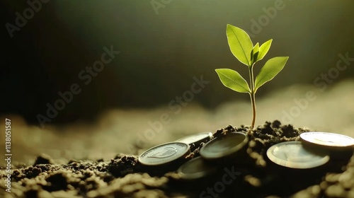 Sustainable finance and investment concept with a plant sprouting from savings coins photo