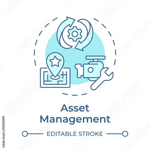 Asset management soft blue concept icon. Tracking, maintenance. Core feature of FMS. Field service management. Round shape line illustration. Abstract idea. Graphic design. Easy to use in article