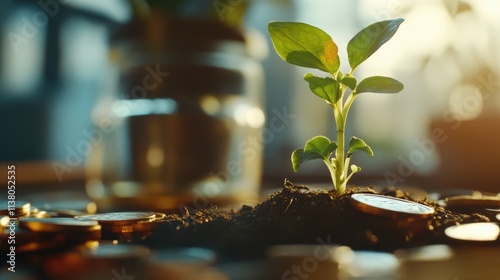 Sustainable finance and investment concept with a plant sprouting from savings coins photo