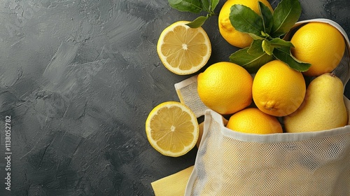 A collection of fresh lemons and a pear inside a net bag with green leaves on a textured dark background. Bright and vibrant, perfect for fruit displays. photo