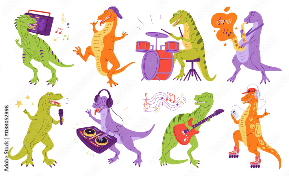 Obraz premium Cute dinosaur listening music, playing saxophone, electric guitar and drums, playing Dj music dancing singing vector set