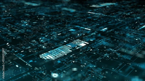 A futuristic, digitally generated abstract motion matrix in a cyber environment, showcasing big data analytics and AI simulation, perfect for use as a digital background in motion videos.