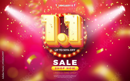 1 January Shopping Day Flash Sale Design with 3d 1.1 Number and Light Bulb Billboard on Red Background. Vector Special Offer 50 Percent Off Campaign Discount Illustration for Coupon, Voucher, Banner