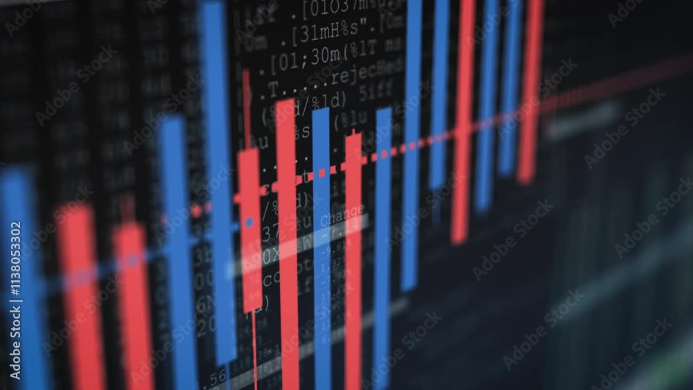 Financial stock trading graphs with vertical blue and red candlestick charts, set against a digital data-driven background for market performance analysis