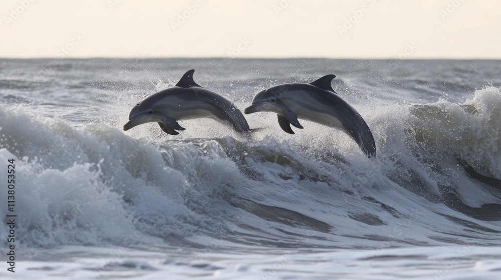 Fototapeta premium Dolphins leaping gracefully over ocean waves showcasing playful marine life in their natural habitat
