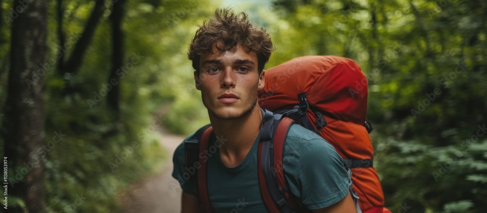 Fototapeta premium Young hiker with backpacks exploring a scenic forest trail immersed in nature adventure travel and tourism experience