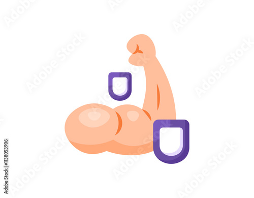 illustration of an arm showing biceps muscle with shield. strength and endurance. muscular. gym and fitness. flat style design. elements