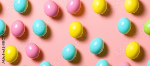 Colorful Easter eggs arranged on a pastel pink background creating a vibrant pattern with ample space for text and creative designs.