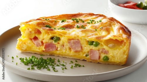 Omelet pie slice with ham and vegetables served on a plate garnished with fresh herbs and accompanied by a bowl of salad